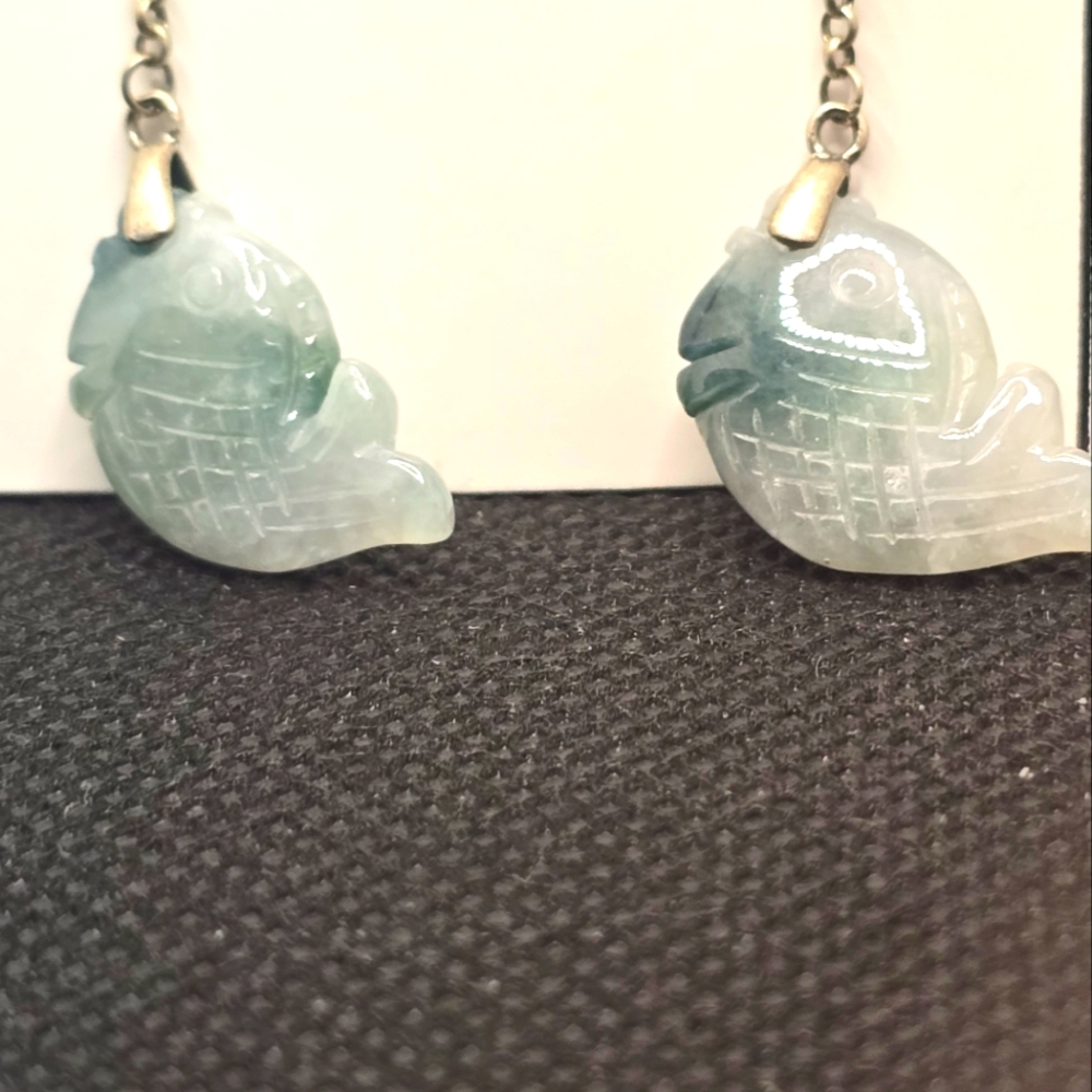 Elegant Green Jade Fish Dangle Earrings - Picture 2 of 3